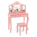 2 In 1 Kids Vanity Table And Stool Set With Tri Folding Mirror