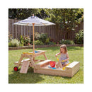 2 In 1 Wooden Sandbox With Foldable Umbrella Convertible Picnic Table