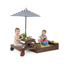 2 In 1 Wooden Sandbox With Foldable Umbrella Convertible Picnic Table