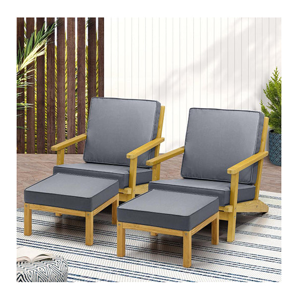 2PCS Outdoor Armchair Wooden Sun Lounge with Foot Stool
