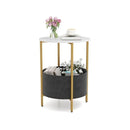 2 Tier Sofa Side Round End Table With Fabric Storage Basket