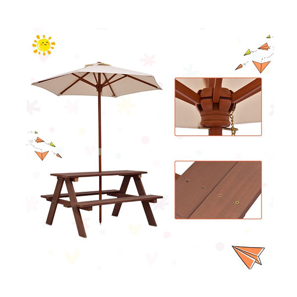3 In 1 Kids Picnic Table With Removable Umbrella For Garden Yard