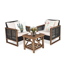 3 Pieces Outdoor Wooden Furniture Bistro Set With Cushioned Sofas