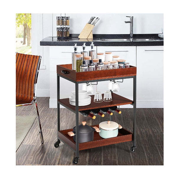 3 Tier Kitchen Island Cart With Wine Rack Glass Holders Handle