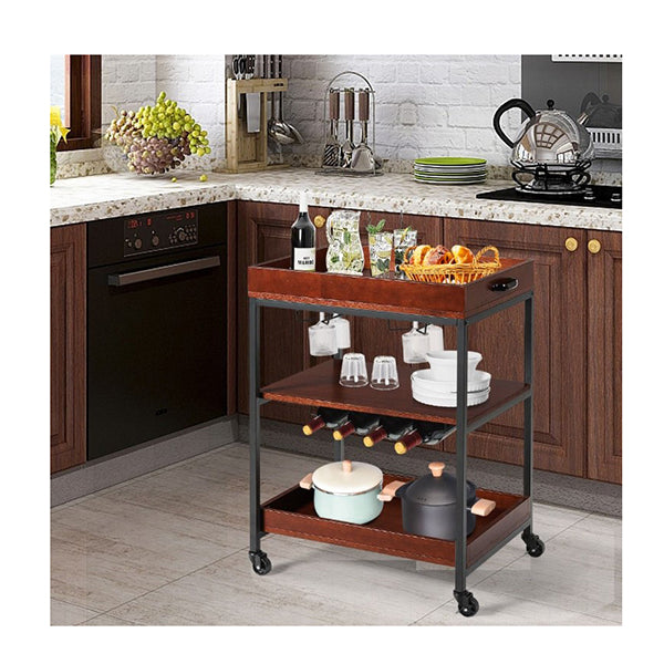 3 Tier Kitchen Island Cart With Wine Rack Glass Holders Handle