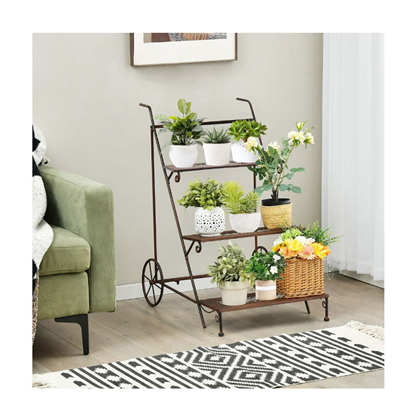 3 Tier Metal Ladder Shaped Plant Stand With Wheels Handle