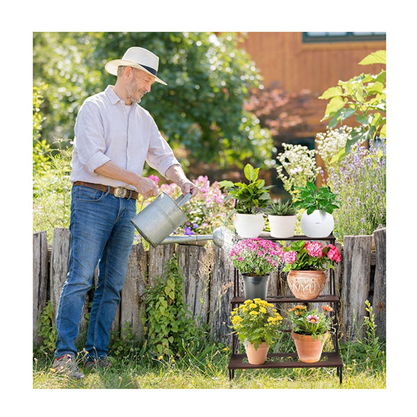 3 Tier Metal Ladder Shaped Plant Stand With Wheels Handle