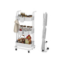 3 Tier Rolling Cart Folding Storage With 3 Hanging Cups And 6 Hooks