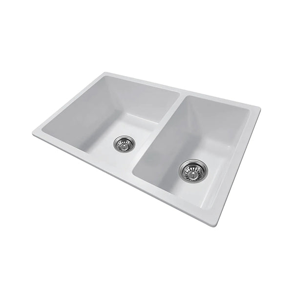 Quartz Stone Kitchen Sink Double Bowls With Strainer Waste  White