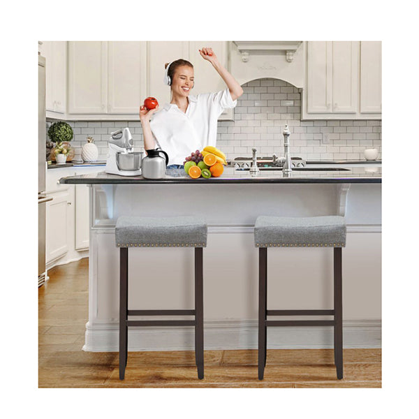 74cm Set Of 2 Saddle Barstools With Backless Nailhead Fabric Seat Grey