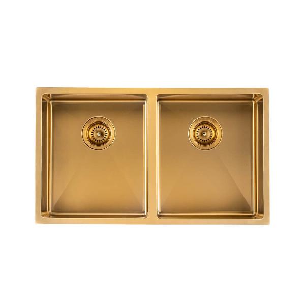 Stainless Steel Kitchen Sink 820mm Double Bowl Brushed Gold Top Under