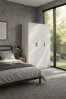 3 Door White Wardrobe and Black Handles Hanging Rail and Shelves