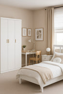 3 Door White Wardrobe and Gold Handles Hanging Rail and Shelves