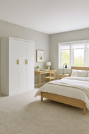 4 Door White Wardrobe Cabinet and Hanging Rail Shelves and Gold Handles