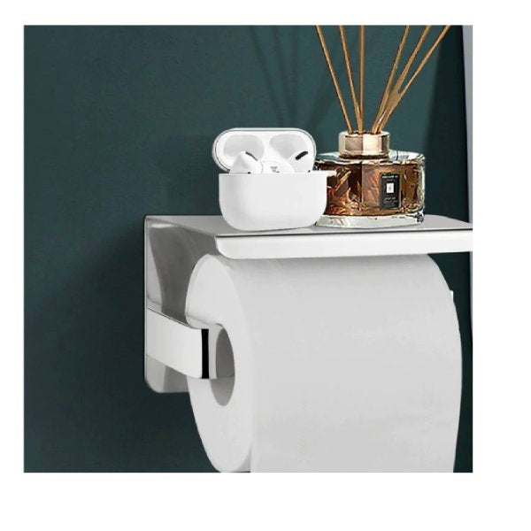 Chrome Toilet Paper Holder Rack Phone Shelf Storage Wall Mounted