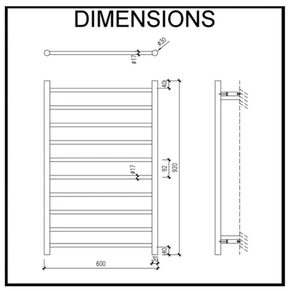 Ezy Fit Heated Towel Rail Round Tube Dual Wired W600Mm X H920Mm Nickel