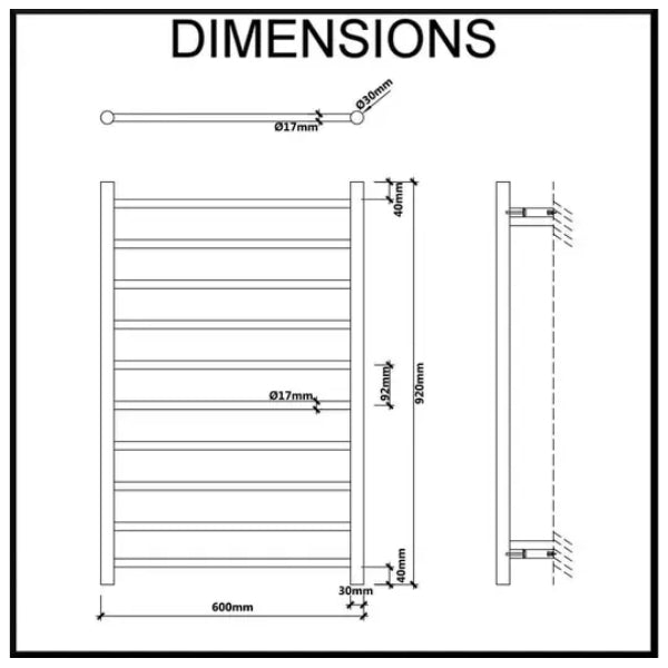 Ezy Fit Heated Towel Rail Round Tube Dual Wired W600Mm X H920Mm Black