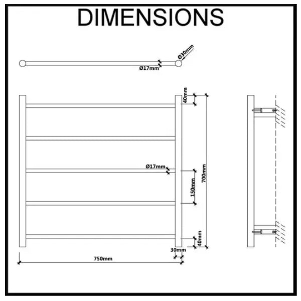 Ezy Fit Heated Towel Rail Round Tube Dual Wired W750Mm X H700Mm Nickel