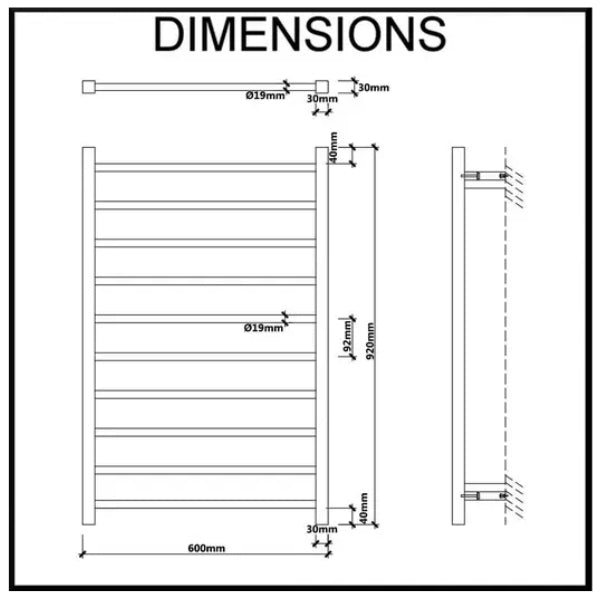Fit Heated Towel Rail Square Tube Dual Wired W600mm X H920mm Polish