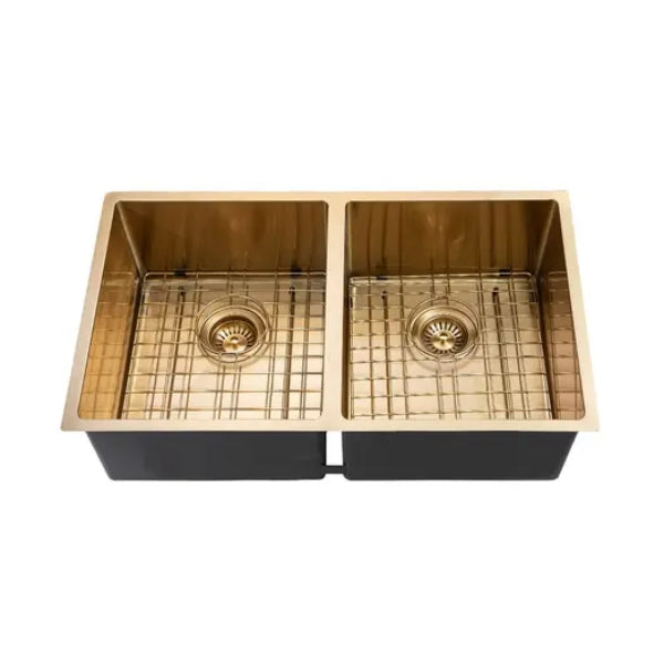 Stainless Steel Kitchen Sink 820mm Double Bowl Brushed Gold Top Under