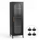Buffet Cabinet Sideboard Slim Fluted Kitchen Storage Trolley Wheels Black