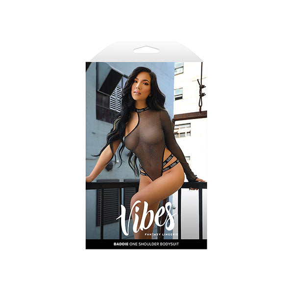 Vibes Baddie One Shoulder Bodysuit Black Silver Metallic