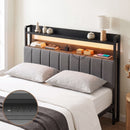 Double Headboard Charging Station Storage LED Light Grey Upholstered
