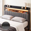 King Headboard Charging Station Storage LED Light Grey Upholstered