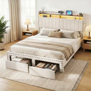 Queen Upholstered Bed Frame with Shelf Storage Drawers Charging Station Mood Lighting Linen