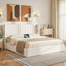 King Bed Frame with Gaslift Storage USB Type-C Charging Ports Velvet Upholstery White