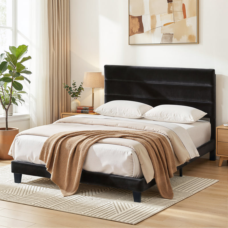 Double Bed Frame Upholstered Platform Base with Geometric Headboard Bl ...