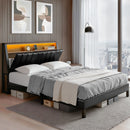 Queen Bed Frame LED Storage Headboard with Charging Station Black