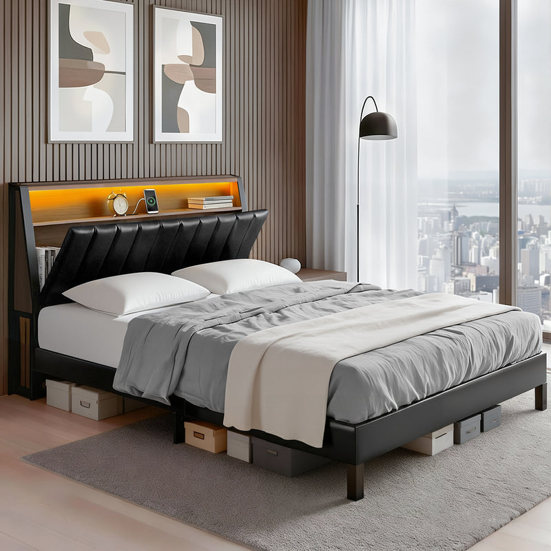 Queen Bed Frame LED Storage Headboard with Charging Station Black ...