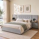 Queen Bed Frame with Wide Headboard, Floating Shelves and USB Grey