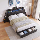 Queen Bed Frame with Storage Headboard, 2 Drawers, Charging Station& LED Light