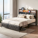 King Bed Frame with LED Lights and Storage Headboard Charging Station