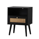 Bedside Table Storage Drawer Shelf Rattan Black