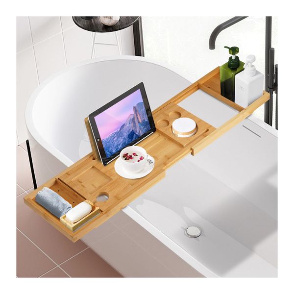 Freestanding Expandable Bamboo Bath Caddy Wine Glass Holder