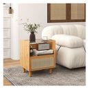 Bamboo Rattan Nightstand With Drawer And Solid Wood Legs For Bedroom