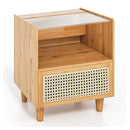 Bamboo Rattan Nightstand With Drawer And Solid Wood Legs For Bedroom
