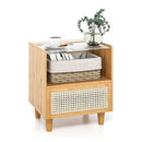 Bamboo Rattan Nightstand With Drawer And Solid Wood Legs For Bedroom