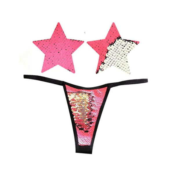 Bitchin Neon Pink And Silver Blacklight Sequin Pastie And Panty Set