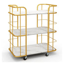 Buffet Serving Cart With White Marble Shelves And Golden Metal Frame