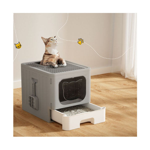 Cat Litter Box Large Tray Kitty Toilet Enclosed Hooded Foldable Scoop Grey