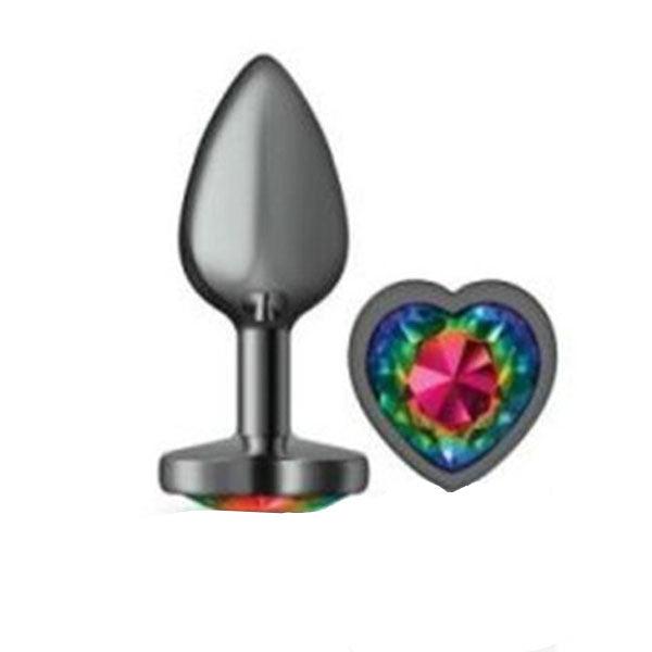 Cheeky Charms Gunmetal  Butt Plug With Heart Rainbow Jewel