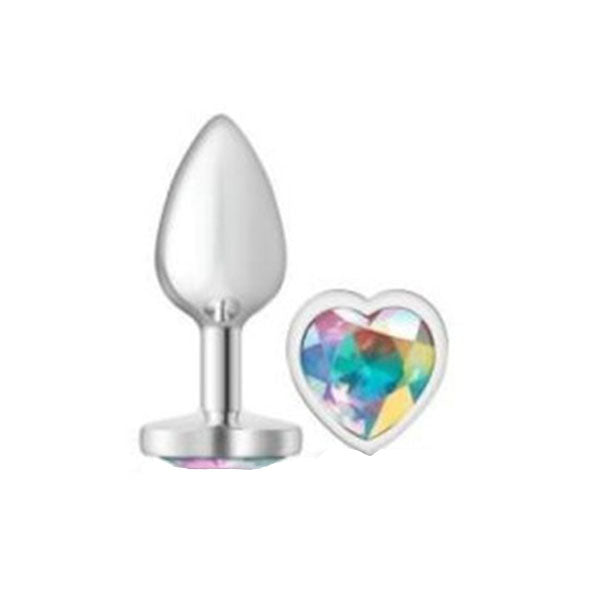 Cheeky Charms Silver Metal Butt Plug With Heart Clear Jewel