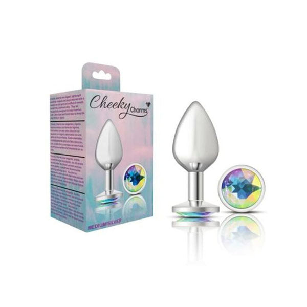 Cheeky Charms Silver Round Butt Plug With Clear Iridescent Jewel