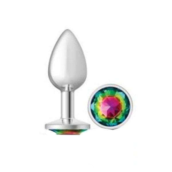 Cheeky Charms Silver Round Butt Plug With Rainbow Jewel