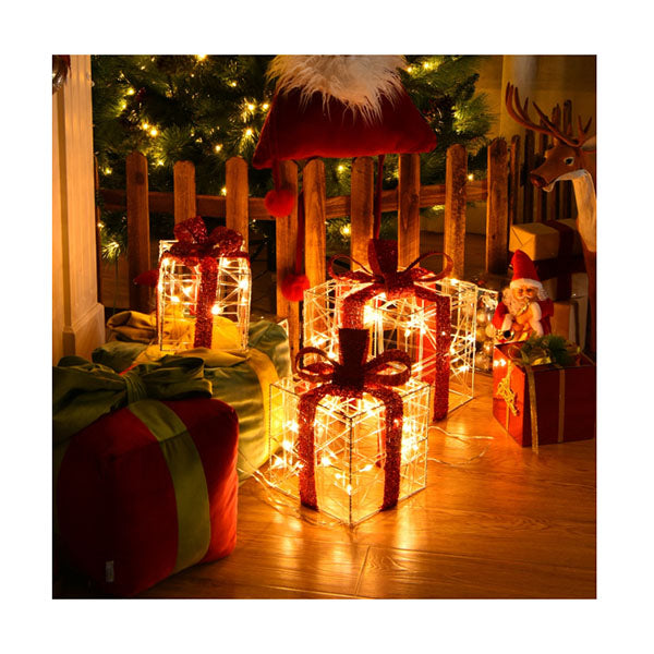 Set of 3 Christmas Lighted Gift Boxes with Waterproof Plug