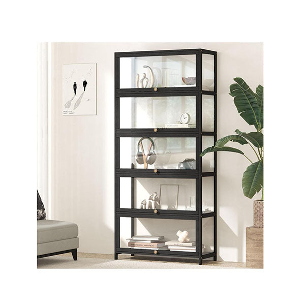 Display Cabinet With Tiers Shelves Clear Door Home Storage Black